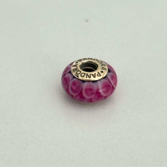 Pandora 14K Yellow Gold Pink Lotus Murano Glass Rare Retired Charm - Picture 1 of 9